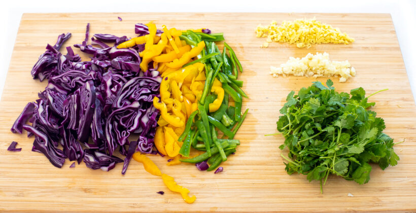 Vegetables sliced and prepped for Thai peanut zucchini noodles. 