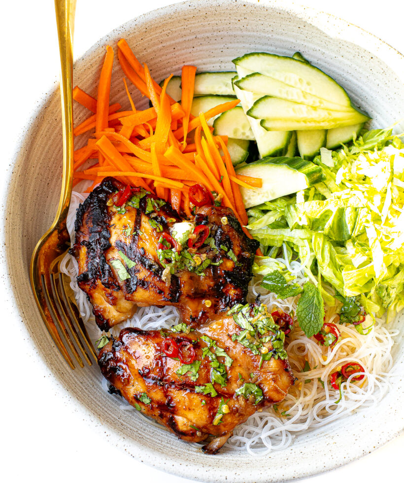 thai chicken with vermicelli noodles, pickled veggies and shredded lettuce