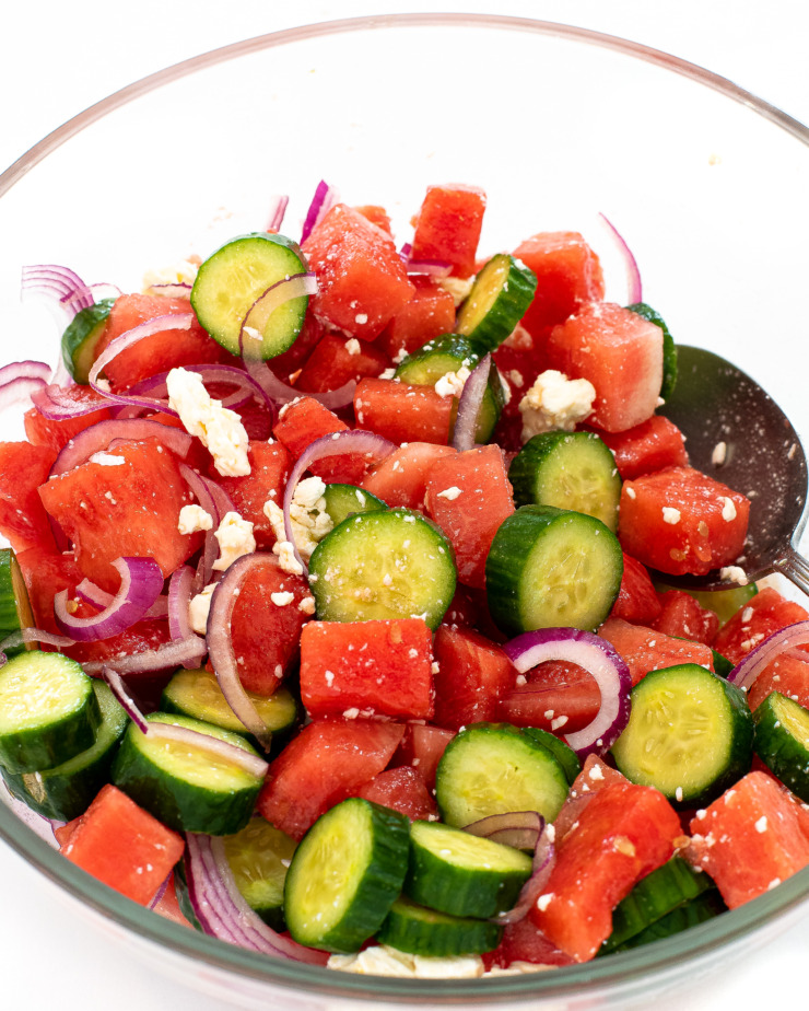 watermelon feta salad with red onion and cucumbers