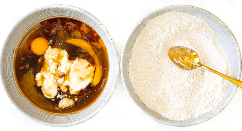 Muffin ingredients in a white mixing bowll.