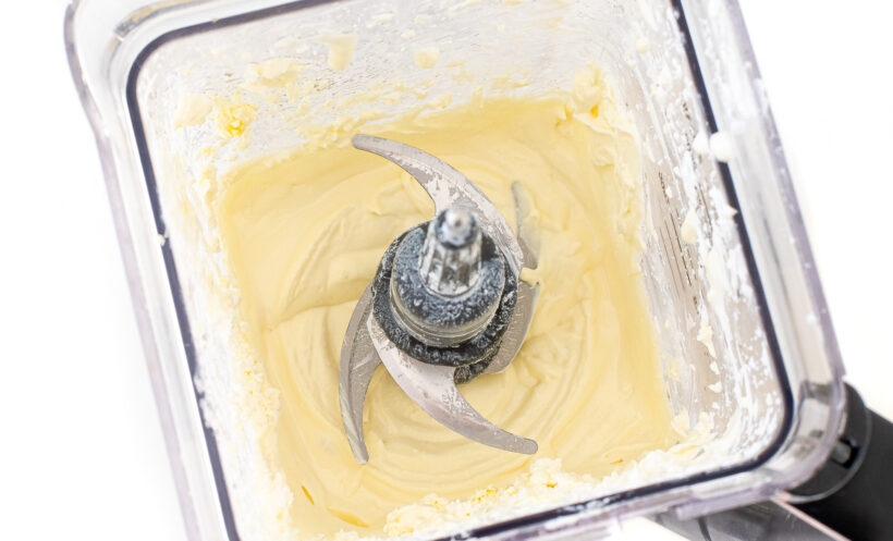 Blended feta dip in a blender.