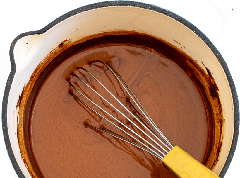Chocolate sauce in a sauce pan after being whisked together and simmered. 
